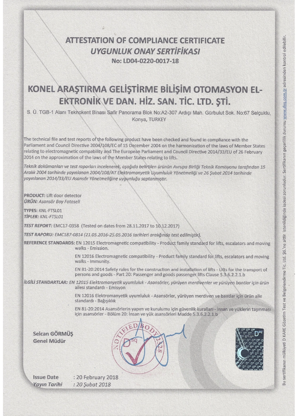 Photocell Conformity Certificate